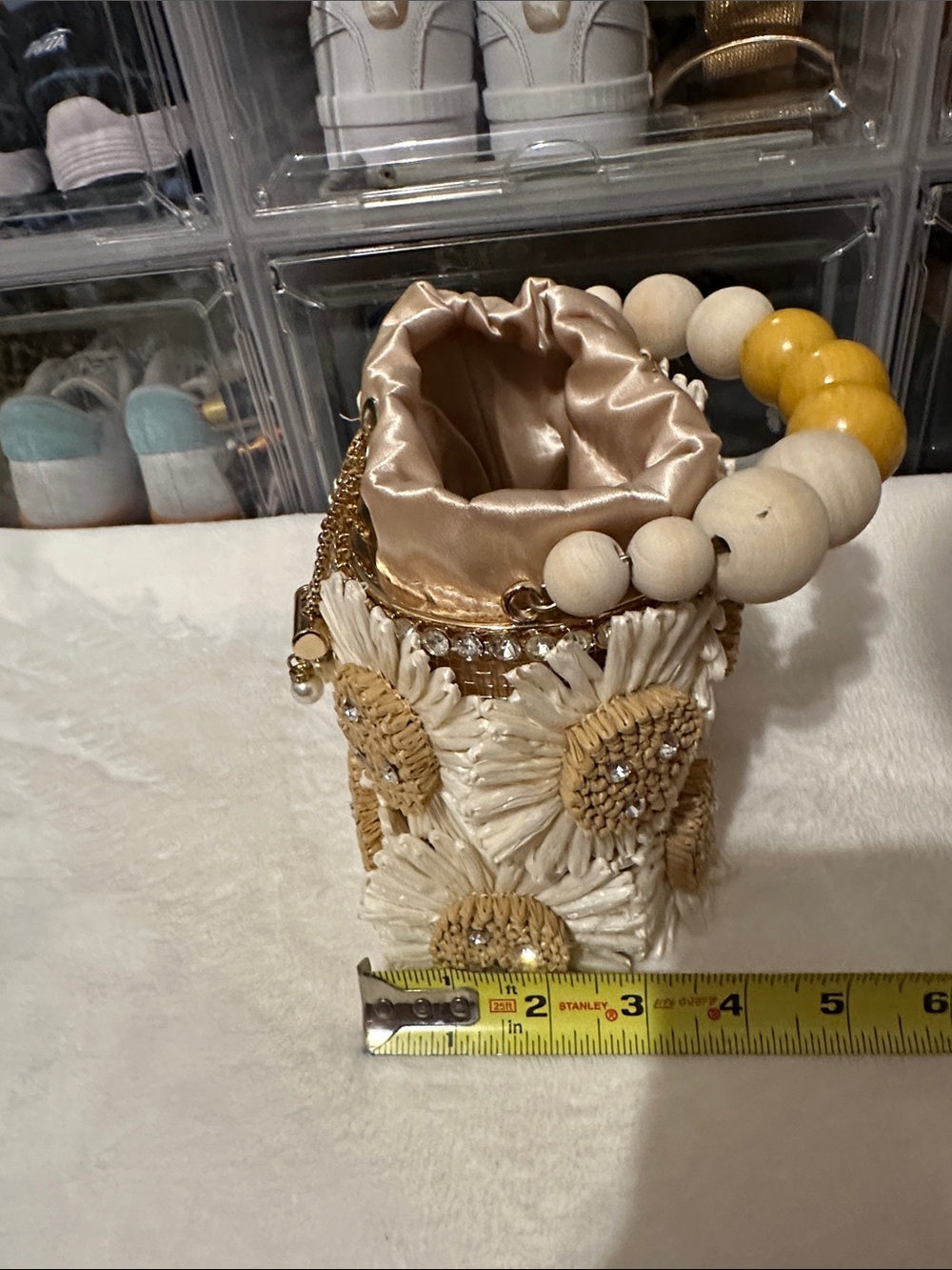 Mini Floral Beaded Drawstring Bag in Cream and Yellow - Picture 8 of 14